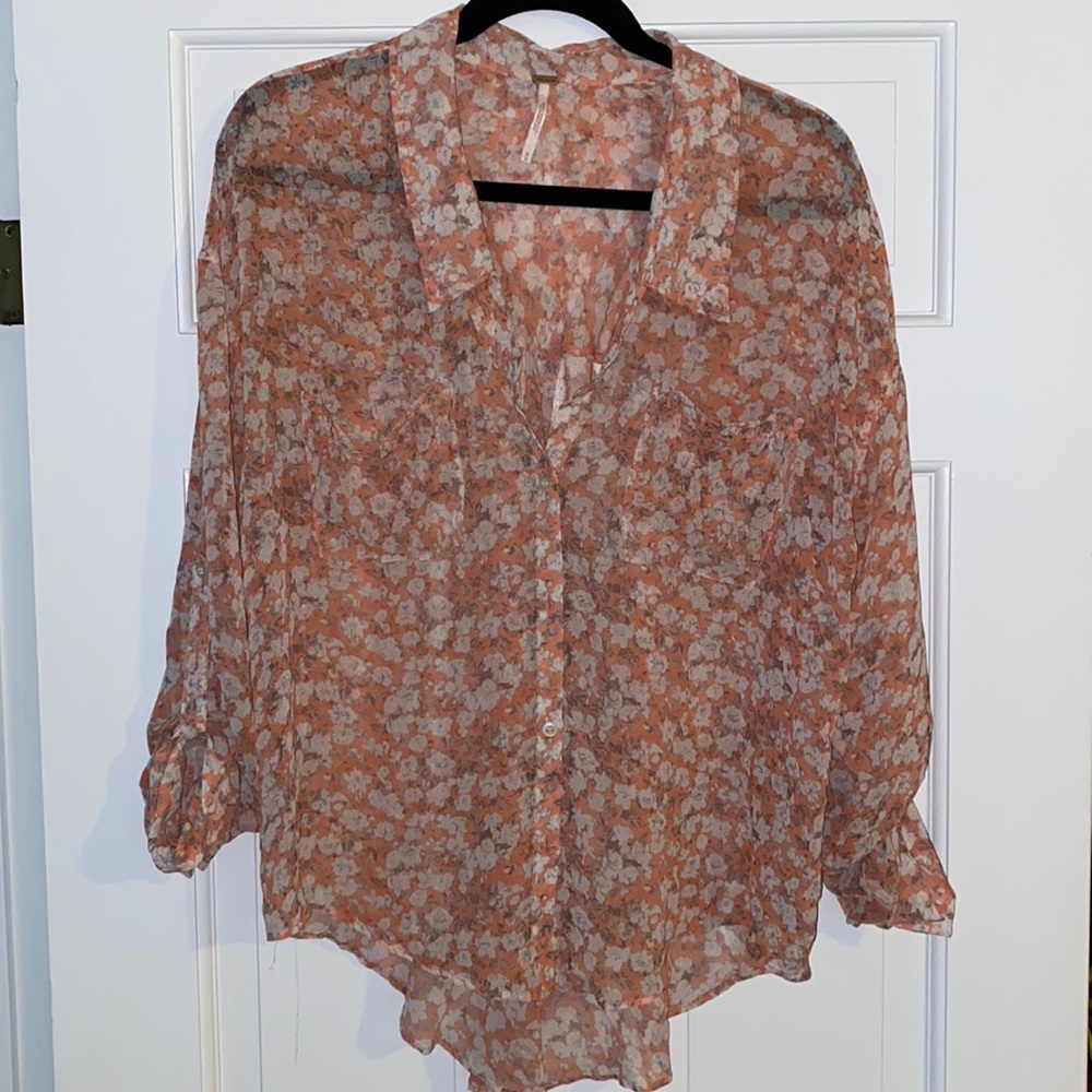 Free People Sheer Floral Button Up Blouse size M
